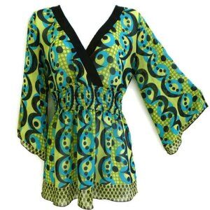 Bisou Bisou Babydoll Blouse Wrap Smocked Waist Boho Bell Sleeve M